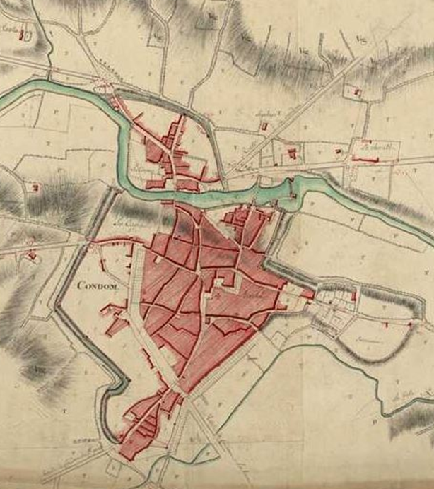 La ville en 1777, Plan de la rivière Baïse de Buzet à Valence, AD 33 , extrait   