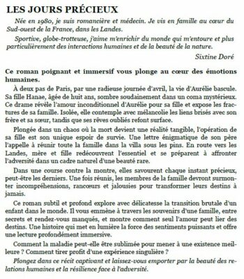 Les jours précieux, deuxième roman de Sixtine Doré, 4ème de couverture